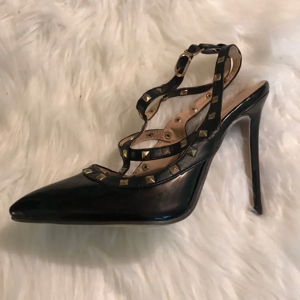 Jojo Cat Studded Glossy Black Stiletto Heels - Picture 3 of 14